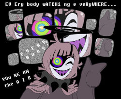  1girl deltarune dress english_text halo halojack_(huecycles) huecycles original sharp_teeth solo solo_focus teeth television utdr_(toby_fox) 