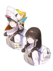  1girl :3 absurdres beanie braid brown_hair chime_(nikke) fune_(fune83ojj) goddess_of_victory:_nikke green_eyes hat helmet highres long_hair looking_at_viewer smile twin_braids upper_body visor_lift yellow_hat 
