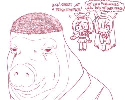  2girls :o animalization arona_(blue_archive) blue_archive bow_hairband braid buzz_cut chibi coat collared_shirt commentary deculture english_commentary english_text hair_over_one_eye hairband halo long_hair medium_hair meme_request miniskirt monochrome multiple_girls neckerchief open_mouth pig plana_(blue_archive) pointing pointing_at_another sailor_collar school_uniform sensei_(blue_archive) serafuku shirt short_hair side_braid simple_background skirt standing very_short_hair white_background 