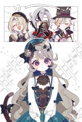  2boys 2girls :d animal_ear_fluff animal_ears arlecchino_(genshin_impact) ascot beret black_hair black_hands black_hat blonde_hair brown_ascot camera cat_ears cat_girl cat_tail closed_eyes colored_extremities dress facial_mark freminet_(genshin_impact) genshin_impact glint green_dress green_hat grey_hair hair_between_eyes hair_over_one_eye hair_ribbon hat highres holding holding_camera light_smile long_hair looking_at_viewer lynette_(genshin_cafe_in_seoul)_(genshin_impact) lynette_(genshin_impact) lyney_(genshin_impact) multicolored_hair multiple_boys multiple_girls own_hands_together ribbon short_hair smile star_(symbol) streaked_hair tail tail_ornament tail_ribbon thinking top_hat ts_87 violet_eyes white_background white_sleeves wide-eyed 