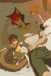 1girl 2bmm2 2boys absurdres animal_ear_fluff animal_ears black_hair black_pants blonde_hair body_fur brown_hair child closed_eyes commentary_request dog_boy dog_ears drawing_on_another&#039;s_face dress ear_piercing green_shorts hair_between_eyes hair_ornament hairclip highres komano_manato lying multicolored_hair multiple_boys muscular muscular_male on_back on_bed open_mouth pants pectorals piercing pillow red_hair scar scar_across_eye scar_on_arm scar_on_face shirt short_hair shorts sleeping t-shirt white_shirt yellow_dress zenless_zone_zero 