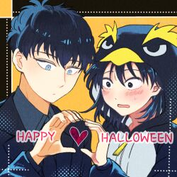  1boy 1girl animal_costume animal_hood black_eyes black_hair black_jacket black_necktie blue_eyes blush closed_mouth collared_shirt commentary_request expressionless flustered futsuu_no_keion-bu halloween hatono_chihiro heart heart_hands heart_hands_duo heart_in_heart_hands hood hood_up jacket mi3aki_72kaka9 mizuo_haruichi necktie official_alternate_costume penguin_costume penguin_hood shirt short_hair suit_jacket upper_body 
