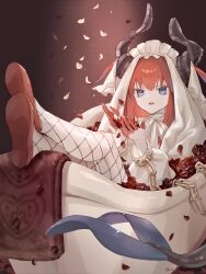  1girl aopix_001 blue_eyes chain colored_extremities cuffs dragon_girl dragon_horns elizabeth_bathory_(avenger)_(fate) falling_petals fate/grand_order fate_(series) fishnets_over_socks handcuffs highres horns in_bathtub long_hair open_mouth petals red_background red_hair red_shoes shoes sitting smile socks solo two_side_up veil white_headdress white_socks white_veil 