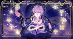  1boy arm_ribbon black_coat black_gloves book caelus_(honkai:_star_rail) closed_mouth coat collarbone commentary_request constellation english_text fingerless_gloves gloves half-closed_eyes hand_on_own_face hands_up highres holding holding_quill honkai:_star_rail honkai_(series) hood hooded_coat infinity_symbol long_sleeves looking_at_object looking_down male_focus open_book open_clothes open_coat petals pichisabu3 purple_hair quill ribbon shirt short_hair smile solo space sparkle star_(sky) starry_sky_background t-shirt trailblazer_(honkai:_star_rail) two-sided_coat two-sided_fabric upper_body white_shirt yellow_coat yellow_eyes 
