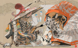  ajirogasa animal animal_focus animal_on_head cat from_side full_body glasses hat highres hiro314 holding holding_paint_palette holding_paintbrush japanese_clothes kimono no_humans octopus on_head original paint_palette paintbrush painting_(action) seal_impression sitting tiger wind_chime 