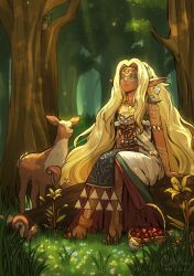  1girl animal_on_shoulder barefoot basket bird bird_on_shoulder blonde_hair body_markings chaendeulleo closed_mouth creature dark-skinned_female dark_skin deer dress earrings facial_mark flower forest fruit_basket full_body grass green_eyes highres jewelry korok lily_(flower) long_dress long_hair magatama magatama_necklace nature necklace parted_bangs pointy_ears secret_stone sitting sitting_on_log sonia_(zelda) squirrel sundelion the_legend_of_zelda the_legend_of_zelda:_tears_of_the_kingdom wavy_hair white_dress yellow_flower 