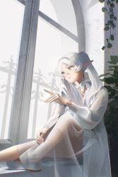  1girl absurdres earrings elf frieren green_eyes grey_hair highres ikachyu jewelry long_hair neck_ribbon parted_lips pointing pointy_ears ribbon shirt sitting socks solo sousou_no_frieren twintails white_ribbon white_shirt white_socks window 