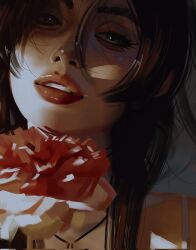  1girl aerith_gainsborough art_study brown_hair choker dress final_fantasy final_fantasy_vii flower hair_between_eyes highres holding holding_flower jeseni lips long_hair looking_at_viewer parted_bangs parted_lips pink_dress red_flower sidelocks solo spaghetti_strap upper_body 