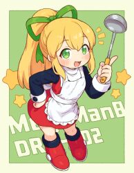  1girl apron blonde_hair boots dress green_eyes hair_ribbon ladle long_hair long_sleeves mega_man_(classic) mega_man_(series) onyhakase open_mouth ponytail red_dress ribbon roll_(mega_man) smile solo 