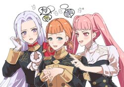  3girls annette_fantine_dominic ascot axe buttons cape commentary edelgard_von_hresvelg fire_emblem fire_emblem:_three_houses forehead garreg_mach_monastery_uniform gloves hair_rings hashtag-only_commentary highres hilda_valentine_goneril long_hair looking_at_another multiple_girls open_mouth orange_hair own_hands_together pink_eyes pink_hair red_cape short_hair simple_background smile symbol-only_commentary tani11a twintails very_long_hair violet_eyes weapon white_ascot white_background white_gloves 