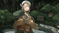  2girls absurdres bandaid bandaid_on_face binoculars bird brown_hair bush crocodile_keeper_(diva) diva_(hyxpk) donut_stamp duck english_commentary green_jacket grey_hair hat highres holding holding_binoculars jacket long_hair multiple_girls penguin_hat penguin_keeper_(diva) pond seal_puppet sharp_teeth short_hair sign snapping_turtle teeth tree turtle zoo zookeeper zookeepers_(diva) 