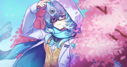  1girl absurdres arm_up bespectacled black-framed_eyewear black_sailor_collar blue_bow blue_bowtie blue_hair blue_scarf blue_sky bow bowtie breasts camera cardigan cherry_blossoms closed_mouth colored_eyelashes commentary day english_commentary flareza glasses hair_between_eyes highres holding holding_camera hood hooded_jacket jacket long_hair looking_at_viewer medium_breasts official_alternate_costume outdoors sailor_collar scarf semi-rimless_eyewear shirt shorekeeper_(wuthering_waves) sky smile solo under-rim_eyewear upper_body violet_eyes white_jacket white_shirt wuthering_waves yellow_cardigan 