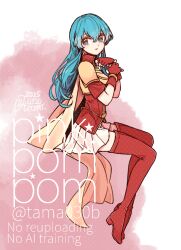  1girl 2025 armor blue_eyes blue_hair boots bracelet cape dress_shirt eirika_(fire_emblem) fingerless_gloves fire_emblem fire_emblem:_the_sacred_stones from_side full_body gloves hair_between_eyes highres invisible_chair jewelry leather_armor long_hair looking_at_viewer miniskirt pleated_skirt red_boots red_gloves red_shirt sayu030b shirt short_sleeves shoulder_armor sitting skirt solo straight_hair thigh_boots twitter_username watermark white_skirt yellow_cape zettai_ryouiki 