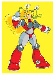  1girl android antennae arm_up armor armored_boots armored_gloves arms_up ass bikini_armor blonde_hair blue_eyes boots breasts clenched_hand fighting_stance full_body green_ribbon hair_ribbon hairband headphones highres hyper_roll_(marvel_vs._capcom) joints knee_boots knee_pads large_breasts lineart long_hair looking_at_viewer marvel_vs._capcom mechanical_arms mechanical_boots mechanical_legs mega_man_(classic) mega_man_(series) open_mouth ponytail pumpkinsareholy radio_antenna red_armor ribbon robot robot_girl robot_joints roll_(mega_man) shoulder_armor sidelocks signature simple_background smile solo yellow_background 