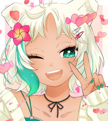  1girl absurdres animal_ear_fluff animal_ears artist_request black_choker black_ribbon blonde_hair border cardigan choker commentary_request dog_ears dog_girl fingernails flower green_eyes green_nails green_streaks hair_flower hair_ornament hairclip hand_up heart highres indie_virtual_youtuber looking_at_viewer mona_meria multicolored_hair nail_polish one_eye_closed open_mouth outside_border parallel_hairclips parted_bangs petals pink_background portrait ribbon ribbon_choker second-party_source short_hair smile solo streaked_hair v virtual_youtuber white_border yellow_cardigan 