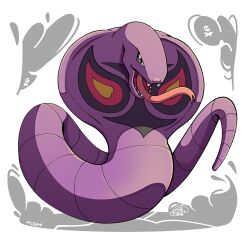  arbok cobra_(animal) colored_skin full_body looking_at_viewer mistray-art no_humans open_mouth pokemon pokemon_(creature) purple_skin signature simple_background snake solo tongue tongue_out white_background 