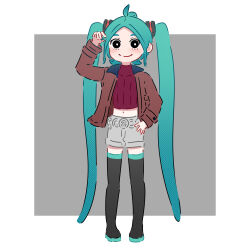 1girl absurdres alternate_costume aqua_hair black_boots boots border brown_jacket closed_mouth commentary cropped_sweater grey_background grey_shorts hand_up hatsune_miku highres jacket long_hair long_sleeves looking_at_viewer midriff navel open_clothes open_jacket outside_border red_sweater rennkurusu short_shorts shorts smile solo sweater thigh_boots twintails very_long_hair vocaloid white_border 