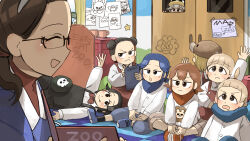  4boys 5girls :d :o absurdres bird black_hair black_overalls blonde_hair blue_haired_boy_(diva) blue_scarf blue_suit bob_cut_twin_(diva) brown_hair child&#039;s_drawing diva_(hyxpk) donut_stamp double_bun drooling duck english_commentary fang fang_out frown girl_with_fangs_(diva) glasses grey_hair hair_bun hat highres lion_shirt_boy_(diva) mouth_drool multiple_boys multiple_girls overalls penguin_fan_(diva) penguin_hat penguin_keeper_(diva) red_hair red_overalls scarf shirt smile suit survey_girl_(diva) teacher topknot_twin_(diva) white_shirt zoo zookeeper zookeepers_(diva) 