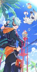  1boy absurdres anger_vein arm_behind_head backpack bag ball beachball bird black_gloves blue_hair blue_sky chain-link_fence clouds commentary duck fence fingerless_gloves fingernails gloves hand_on_own_hip highres honkai:_nexus_anima honkai_(series) hua_(honkai:_nexus_anima) jacket musical_note open_mouth outdoors palm_tree short_hair sky solo speech_bubble spoken_musical_note tree unicorn uoongpig 