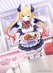  1girl :d apron asymmetrical_sidelocks black_horns black_skirt blonde_hair blurry blurry_background bow bowtie breasts center_frills chatsubaki commentary_request curry curry_rice demon_girl demon_horns demon_tail demon_wings detached_sleeves fishnet_top fishnets food frilled_apron frilled_shirt frilled_skirt frilled_sleeves frills garter_straps gradient_hair hair_ribbon holding holding_plate hololive horn_ornament horn_ring horns indoors large_breasts long_hair long_sleeves looking_at_viewer maid maid_headdress miniskirt multicolored_hair official_alternate_costume official_alternate_hairstyle official_art open_mouth pink_hair plate pointy_ears red_bow red_bowtie ribbon rice shirt sidelocks skirt sleeveless sleeveless_shirt smile solo swept_bangs tail thigh-highs tress_ribbon twintails very_long_hair virtual_youtuber waist_apron white_apron white_garter_straps white_shirt white_thighhighs wings yuzuki_choco yuzuki_choco_(maid) 