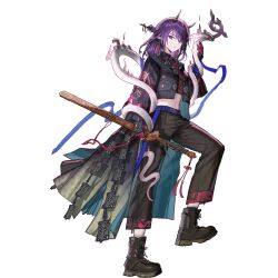  1girl animal ankle_boots arknights arm_armor bead_necklace beads belt black_pants black_shirt black_tailcoat blue_belt blue_ribbon boots braid brown_boots closed_mouth collared_shirt cropped_shirt demon_girl demon_horns earrings eyeliner foot_up from_below full_body gloves holding holding_sword holding_weapon horns jewelry jian_(weapon) lava_(arknights) lava_the_purgatory_(arknights) lava_the_purgatory_(purifying_flame)_(arknights) long_sleeves looking_down looking_to_the_side makeup midriff navel necklace official_alternate_costume official_art pants pink_gloves pink_shirt pointy_ears purple_hair red_eyeliner ribbon serious sheath sheathed shirt simple_background snake solo standing standing_on_one_leg sword tachi-e tailcoat taomu_jian third-party_source transparent_background two-tone_shirt violet_eyes weapon white_snake xiayehongming 