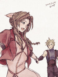  1boy 1girl aerith_gainsborough armor bangle belt black_gloves black_pants blonde_hair blue_shirt bracelet braid braided_ponytail breasts brown_belt brown_hair cloud_strife cropped_jacket dress final_fantasy final_fantasy_vii final_fantasy_vii_remake gloves hair_ribbon highres holding_hands jacket jewelry long_hair looking_at_another medium_breasts open_mouth pants pauldrons pink_dress pink_ribbon puffy_short_sleeves puffy_sleeves pulling pulupulupoodle red_jacket ribbon shirt short_hair short_sleeves shoulder_armor sidelocks single_bare_shoulder single_braid single_pauldron sketch sleeveless sleeveless_turtleneck smile spiky_hair suspenders sweatdrop turtleneck upper_body 