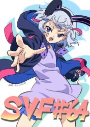  1girl 2023 animal_ears black_jacket blue_hair blue_jacket dress fake_animal_ears floating_hair hood hooded_jacket jacket multicolored_hair nitta_yasunari open_clothes open_jacket open_mouth otosaka_shion_(shadowverse_flame) pink_hair pink_jacket pouch purple_dress purple_jacket rabbit_ears reaching reaching_towards_viewer shadowverse shadowverse_(animated_series) shadowverse_flame short_hair solo spaghetti_strap teeth thigh_pouch upper_teeth_only violet_eyes 