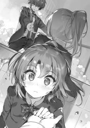  1boy 1girl blush bow breasts building closed_mouth collarbone collared_shirt embarrassed from_above from_behind greyscale guilford_reeves hair_between_eyes highres holding_hands jacket kanzen_muken_no_shinjin_majutsusei lips long_sleeves looking_at_viewer medium_hair monochrome multiple_views nauribon necktie non-web_source novel_illustration official_art open_clothes open_hand open_jacket outdoors outstretched_arm outstretched_hand pants plaid_bow ponytail shirt short_hair sidelocks silhouette small_breasts standing surprised tsurime v-shaped_eyebrows velvet_roa wide-eyed 