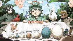  1boy 4girls :d absurdres animal_ears aqua_hair aqua_hat aqua_shirt balloon bird black_hair black_overalls black_scarf blue_jay cockatiel commentary diva_(hyxpk) donut_stamp duck egg english_commentary english_text grey_hair hat highres long_hair mouth_hold multiple_girls overalls parrot_keeper_(diva) penguin_hat penguin_keeper_(diva) pigeon rabbit_balloon rabbit_ears scarf shirt shoebill_keeper_(diva) short_hair smile stalk_in_mouth sunglasses survey_girl_(diva) topknot_twin_(diva) white_shirt zoo zookeeper zookeepers_(diva) 