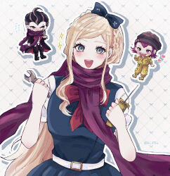  1girl 2boys adjusting_scarf beanie belt black_boots black_bow black_hair black_hat black_jacket black_pants blonde_hair blue_eyes blush boots bow braid chibi chibi_inset commentary_request covered_mouth danganronpa_(series) danganronpa_2:_goodbye_despair dress drop_shadow eyelashes flying_sweatdrops green_dress grey_eyes hair_bow hat heart heterochromia highres holding holding_screwdriver holding_wrench jacket jumpsuit ki_27ro long_hair long_sleeves multiple_boys nose_blush open_clothes open_jacket open_mouth outline pants pink_eyes pink_hair purple_scarf red_bow scar scar_across_eye scar_on_face scarf scarf_over_mouth screwdriver sharp_teeth shoes short_hair short_sleeves sidelocks single_braid smile soda_kazuichi sonia_nevermind standing tanaka_gundham teeth upper_teeth_only violet_eyes white_belt white_outline wrench yellow_jumpsuit yellow_shoes 
