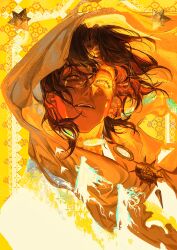  1boy absurdres arzu_(sultan's_game) baicumikuo bird blending brown_eyes brown_hair chinese_commentary cloak colored_tears commentary_request curtained_hair dark-skinned_male dark_skin earrings facial_mark forehead_mark highres hood hood_up hooded_cloak jewelry multiple_views parted_bangs parted_lips patterned_background short_hair silhouette solo stellated_octahedron sultan's_game sun_symbol sunlight swallow_(bird) tears teeth the_sultan_(sultan's_game) upper_body upper_teeth_only yellow_background yellow_cloak yellow_eyes 