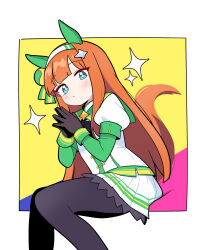  1girl absurdres animal_ears black_gloves black_pantyhose blue_eyes blush border feet_out_of_frame gloves green_shirt hairband highres horse_ears horse_girl horse_tail jacket jorang_(jorang08) layered_sleeves long_sleeves pantyhose pleated_skirt puffy_short_sleeves puffy_sleeves shirt short_over_long_sleeves short_sleeves silence_suzuka_(innocent_silence)_(umamusume) silence_suzuka_(umamusume) skirt solo sparkle steepled_fingers tail umamusume white_border white_hairband white_jacket white_skirt yellow_background 