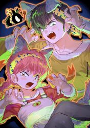  1boy 1girl animal_ears bandana braid brown_hair claw_pose commentary fangs fingernails halloween hibiki_ryouga hibiki_yoiko highres open_mouth pink_hair poppoco_nn ranma-chan ranma_1/2 sharp_fingernails symbol-only_commentary tail twin_braids werewolf_costume wolf_ears wolf_tail yellow_bandana 
