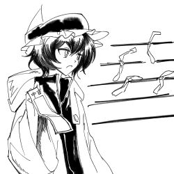  1other androgynous barbed_wire buttons chinese_commentary collared_shirt commentary_request detached_hood english_commentary frilled_headwear greyscale hair_between_eyes hat high_collar highres holding holding_paper hood hood_down hooded_jacket jacket len&#039;en long_sleeves looking_to_the_side mixed-language_commentary mob_cap monochrome open_clothes open_jacket open_mouth other_focus paper pointy_nose shirt shitodo_kuroji short_hair simple_background slit_pupils solo triangular_headpiece upper_body white_background wide_sleeves yancao_(pixiv_103434280) zipper 