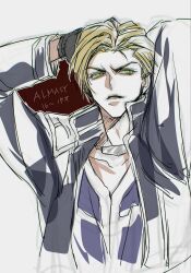  1boy aged_down arms_behind_head black_jacket blonde_hair character_name cropped_jacket eni_(yoyogieni) final_fantasy final_fantasy_viii furrowed_brow green_eyes hair_slicked_back highres jacket male_focus military_uniform parted_bangs purple_shirt school_uniform seed_uniform_(ff8) seifer_almasy shirt short_hair sketch solo white_background 