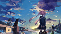  1girl anchor_symbol animal arms_behind_back artist_name bag bird black_cat black_ribbon black_thighhighs blue_sailor_collar blue_serafuku blue_shirt blue_skirt blue_sky boat cat clouds commentary_request crane_(machine) facing_away floating_hair from_behind hair_ribbon highres holding holding_bag lake liclac long_hair mountain original pier pink_hair pleated_skirt ribbon sailor_collar school_bag school_uniform serafuku shirt skindentation skirt sky solo star_(symbol) sunrise thigh-highs tower very_long_hair water watercraft 