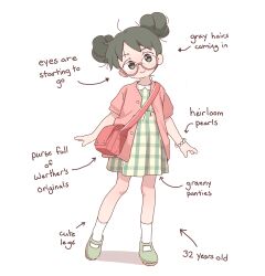  1girl absurdres bag bracelet commentary dated double_bun dress english_commentary full_body glasses green_dress green_eyes hair_bun highres jewelry looking_at_viewer orenjipiiru original pink_dress short_hair short_sleeves smile socks solo standing white_background 
