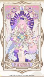  1girl amphoreus_(honkai:_star_rail) cyrene_(honkai:_star_rail) cyrene_(ripples_of_past_reverie)_(honkai:_star_rail) detached_sleeves dress faceless faceless_female facing_viewer floating floating_object flower hair_flower hair_ornament honkai:_star_rail honkai_(series) long_hair mem_(honkai:_star_rail) official_art pink_hair pointy_ears short_sleeves white_dress 