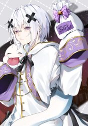  1boy bag commentary hair_between_eyes hair_ornament hashtag-only_commentary highres holding holding_bag jacket long_sleeves looking_at_viewer male_focus melt_(meteorites) meteorites_(stpr) parted_lips shirt short_hair sleeves_past_fingers sleeves_past_wrists solo symbol-only_commentary tongue tongue_out upper_body violet_eyes white_jacket white_shirt x_hair_ornament ymayma_da 