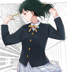  1girl absurdres black_jacket blush closed_eyes collared_shirt commentary_request green_hair highres jacket long_sleeves love_live! love_live!_nijigasaki_high_school_idol_club mifune_shioriko monochrome_background neck_ribbon nijigasaki_school_uniform plaid_clothes plaid_skirt pleated_skirt profile ribbon school_uniform shirt short_hair skirt skt_(ryxxxxx) solo white_shirt white_skirt winter_uniform yellow_ribbon 