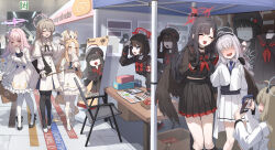  6+girls ;d absurdres ahoge animal_ears black_choker black_gloves black_hair black_serafuku black_skirt blonde_hair blue_archive brown_hair chair choker closed_eyes commentary_request exit_sign faceless faceless_female fox_ears fox_girl fox_tail gloves hairband highres ichika_(blue_archive) justice_task_force_member_(blue_archive) kokukyukeo lab_coat long_hair long_sleeves mashiro_(blue_archive) mika_(blue_archive) millennium_science_school_student_(blue_archive) millennium_science_school_student_b_(blue_archive) multiple_girls nagisa_(blue_archive) neckerchief necktie no_eyes one_eye_closed open_mouth pantyhose pink_hair pleated_skirt posing red_neckerchief school_uniform seia_(blue_archive) serafuku shoes skirt sleeves_past_fingers sleeves_past_wrists smile striped_clothes striped_pantyhose tail taking_picture tea_party_(blue_archive) v vertical-striped_clothes vertical-striped_pantyhose violet_eyes white_skirt yellow_eyes 