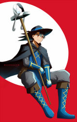  1boy ash_ketchum black_cape black_hair blue_boots blue_gloves blue_tunic boots cape closed_mouth commentary commission cosplay gloves grey_pants grey_shirt happy hat highres holding holding_staff invisible_chair jcstr male_focus orange_eyes pants pokemon pokemon:_lucario_and_the_mystery_of_mew pokemon_(anime) pokemon_rse_(anime) shirt sir_aaron sir_aaron_(cosplay) sitting staff tunic 