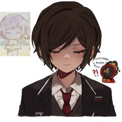  !? 1girl 1other black_suit black_vest brown_hair closed_eyes closed_mouth collared_shirt dante_(limbus_company) dark-skinned_female dark_skin ear_piercing facing_viewer ishowspeed_trying_not_to_laugh_(meme) korean_text limbus_company looking_at_viewer meme necktie outis_(project_moon) piercing project_moon red_necktie shirt short_hair simple_background smile suit upper_body vest white_background white_shirt yippee 