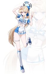  1girl absurdres blonde_hair blue_archive blue_bow blue_eyes blue_shoes blue_sleeves blush bow cheerleader closed_mouth double_v facial_tattoo hair_bow highres kneehighs long_hair moragon584 ponytail shirt shoes short_sleeves sidelocks sneakers socks solo standing standing_on_one_leg star_(symbol) star_tattoo tattoo thigh_strap tied_shirt toki_(blue_archive) v very_long_hair white_shirt white_socks zoom_layer 