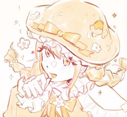  1girl bare_shoulders beads bow bowtie braid brooch chinese_commentary clothing_cutout co030 commentary dot_nose eyelashes flower_brooch frilled_headwear frilled_shirt frilled_sleeves frills glimmering_forest_(infinity_nikki) hair_beads hair_between_eyes hair_ornament hand_on_own_chin infinity_nikki jewelry light_blush long_hair long_sleeves looking_ahead low_twin_braids monochrome mushroom_earrings mushroom_hat mushroom_hat_ornament neck_ruff nikki_(series) notice_lines open_mouth puffy_long_sleeves puffy_sleeves shirt shoulder_cutout simple_background smile solo sparkle symbol-only_commentary twin_braids upper_body white_background yellow_theme 