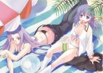  ball beachball bikini fate/stay_night fate_(series) glasses hair_ribbon highres long_hair lying matou_sakura open_clothes open_shirt pink_eyes purple_eyes purple_hair ribbon rider shirt swimsuit undressing 