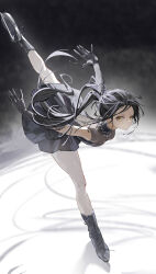  1542_700 1girl absurdres arched_back black_dress black_gloves black_hair closed_mouth dress elbow_gloves frown gloves highres ice_skates ice_skating kamisaki_hikaru leg_up long_hair looking_at_viewer medalist_(manga) pantyhose ponytail short_dress skates skating sleeveless sleeveless_dress solo standing standing_on_one_leg white_pantyhose yellow_eyes 