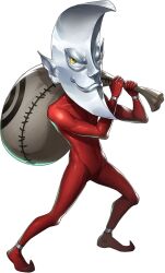  1boy artist_request bodysuit closed_mouth demon_(megami_tensei) holding holding_sack metal_anklet metal_bracelet official_art persona persona_5 persona_5:_the_phantom_x pointy_ears pointy_shoes red_bodysuit sack sack_behind_back sandman_(megami_tensei) shin_megami_tensei smile solo third-party_source transparent_background yellow_eyes 