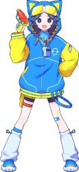  1girl :d animal_ear_hood animal_ears bandai_namco bandaid bandaid_on_leg belt belt_pouch bike_shorts black_eyes black_hair black_shorts blue_hood blue_jacket blue_shoes blue_vest blush bright_pupils buckle cat_ears collared_vest dithering dot_nose energy_gun eyes_visible_through_hair fake_animal_ears fangs full_body goggles goggles_on_head gun hand_in_pocket highres holding holding_gun holding_weapon hood hood_up hooded_jacket jacket kneehighs lanyard legs_apart letterman_jacket long_sleeves narume neko_(taiko_no_tatsujin) neko_(wadiverse)_(taiko_no_tatsujin) official_art partially_open_jacket partially_unzipped pixel_art pouch puffy_long_sleeves puffy_sleeves ray_gun rectangular_eyewear red_belt saturated second-party_source shoes shorts simple_background smile snap-fit_buckle socks solo standing straight_hair tachi-e taiko_no_tatsujin thigh_belt thigh_pouch thigh_strap tinted_eyewear transparent_background tube_socks two-sided_hood vest wavy_hair weapon whistle whistle_around_neck white-framed_eyewear white_pupils white_socks yellow-tinted_eyewear yellow_belt yellow_sleeves 