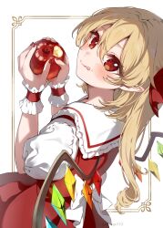 1girl :q apple back_bow bitten_apple blonde_hair blush bow collared_shirt commentary_request double-parted_bangs dutch_angle flandre_scarlet food food_bite food_on_face fruit hair_between_eyes highres holding holding_food holding_fruit looking_at_viewer nail_polish no_headwear one_side_up paragasu_(parags112) pointy_ears puffy_short_sleeves puffy_sleeves red_eyes red_nails red_skirt red_vest shirt short_sleeves skirt solo tongue tongue_out touhou twitter_username vest white_background white_bow wings wrist_cuffs 